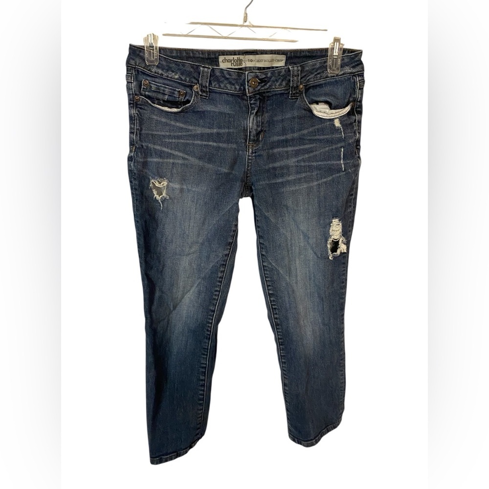 Charlotte Russe Dark Blue Distressed Cropped Jeans